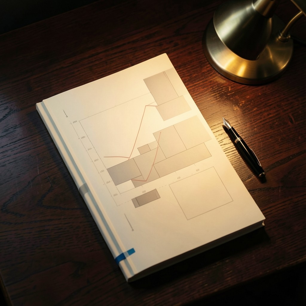 Printed leadership portfolio brief on a dark wood desk under warm lamp light