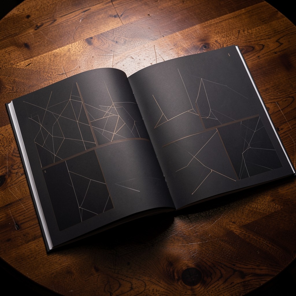Cinematic overhead of a dark portfolio reporting spread with warm edge light